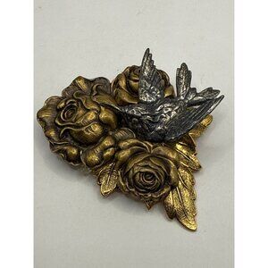 Vintage Bird & Roses Brooch Pin With Gold & Silver Tones